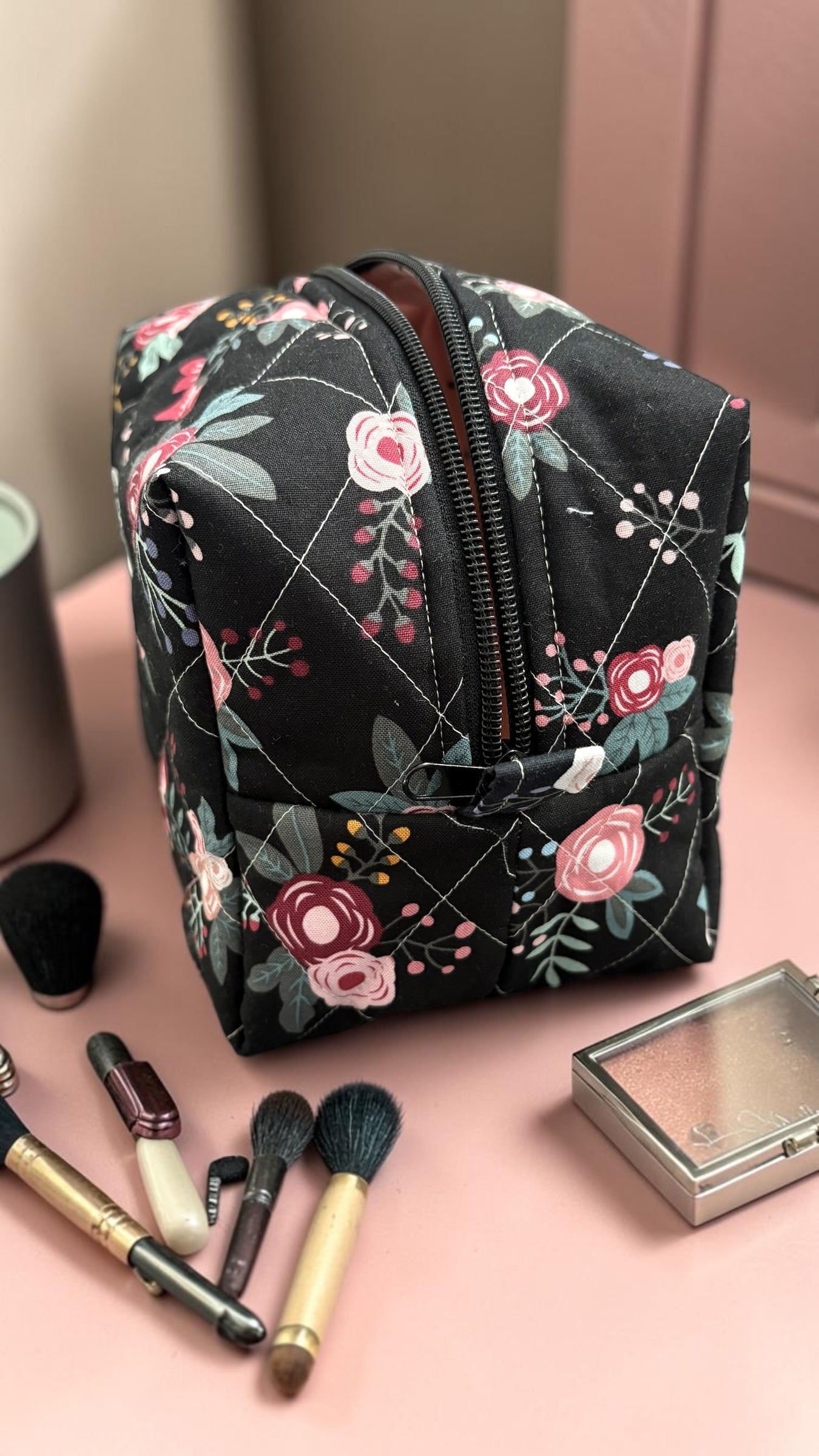 Sweet Floral Quilted Makeup Bag - Medium size