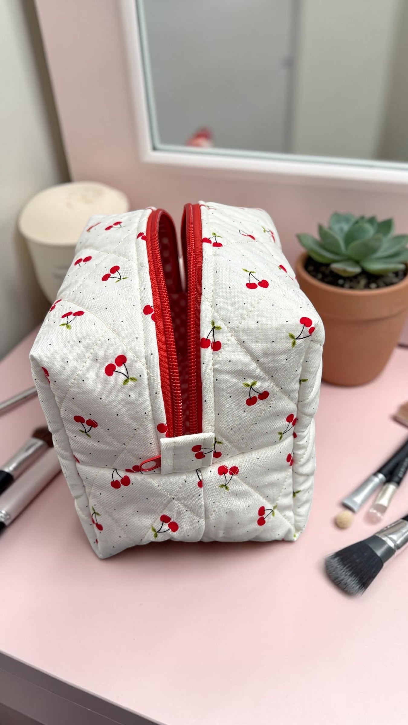 Cherry Delight Quilted Makeup Bag - Medium