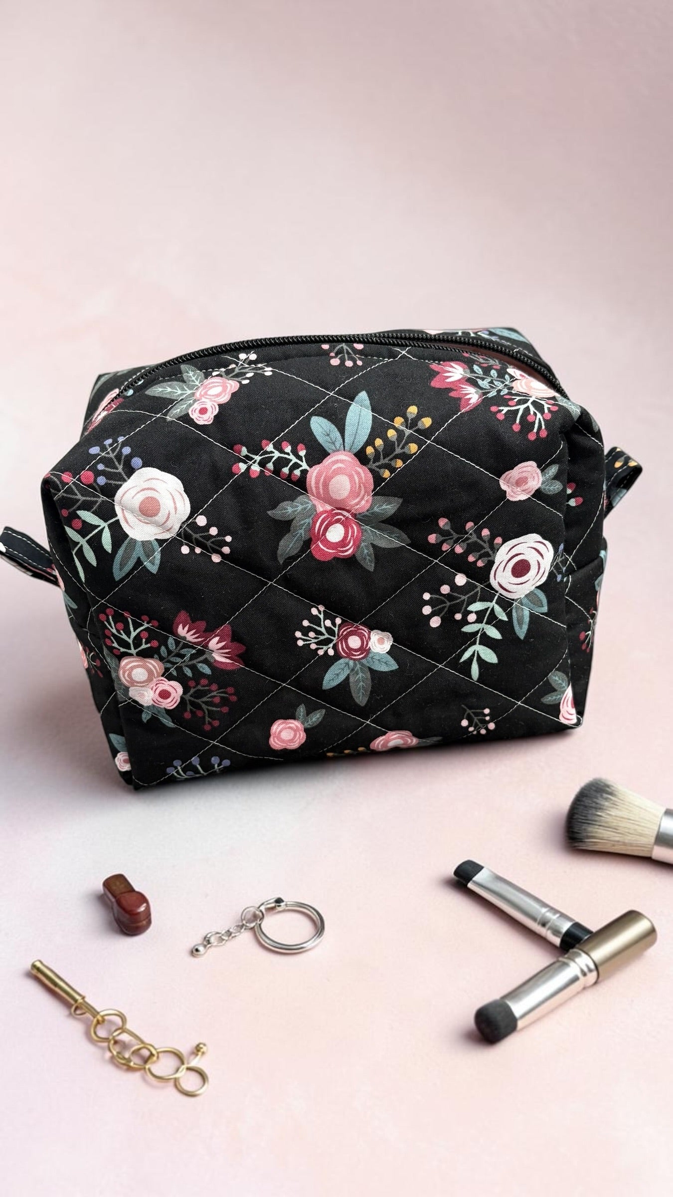 Sweet Floral Quilted Makeup Bag - Medium size