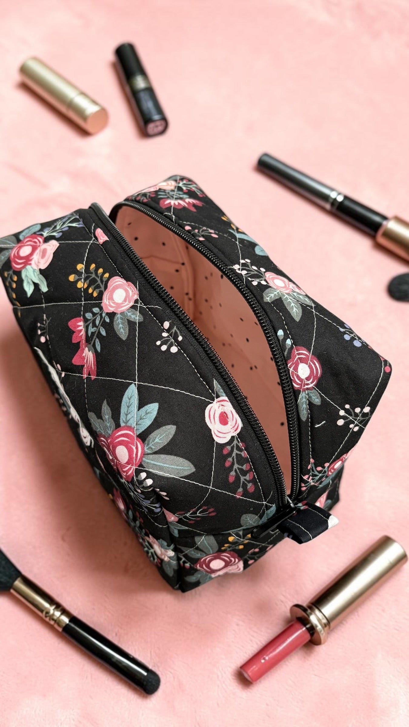 Sweet Floral Quilted Makeup Bag - Medium size
