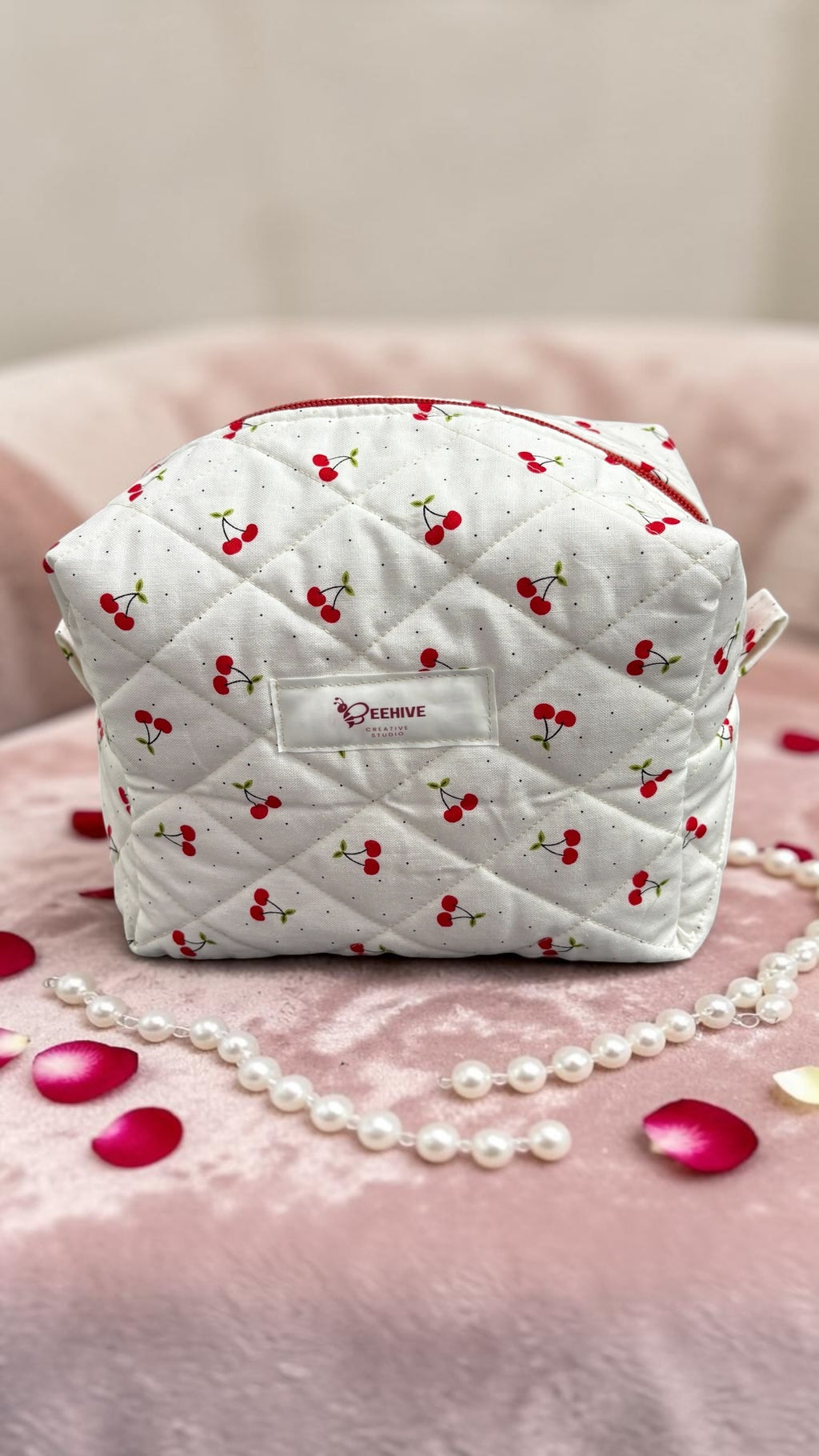 Cherry Delight Quilted Makeup Bag - Medium