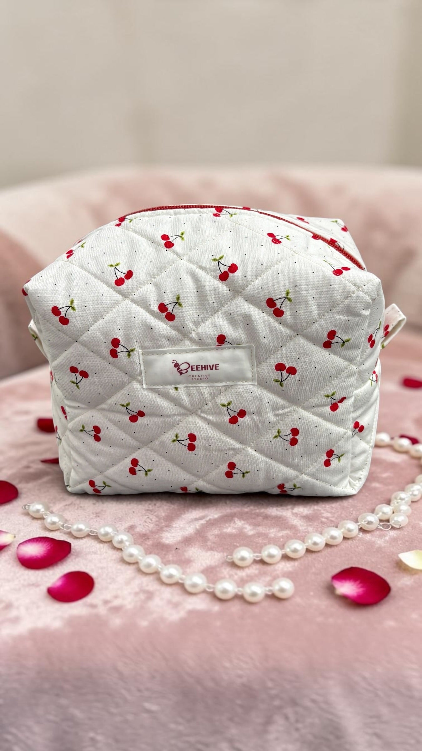 Cherry Delight Quilted Makeup Bag - Medium