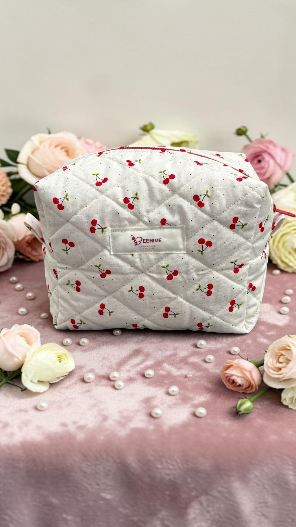 Cherry Delight Quilted Makeup Bag - Medium