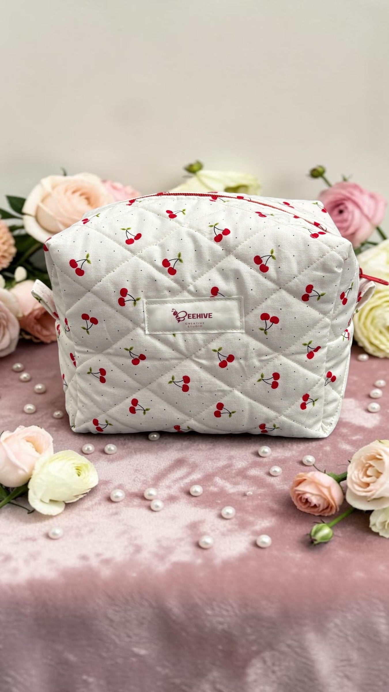 Cherry Delight Quilted Makeup Bag - Medium