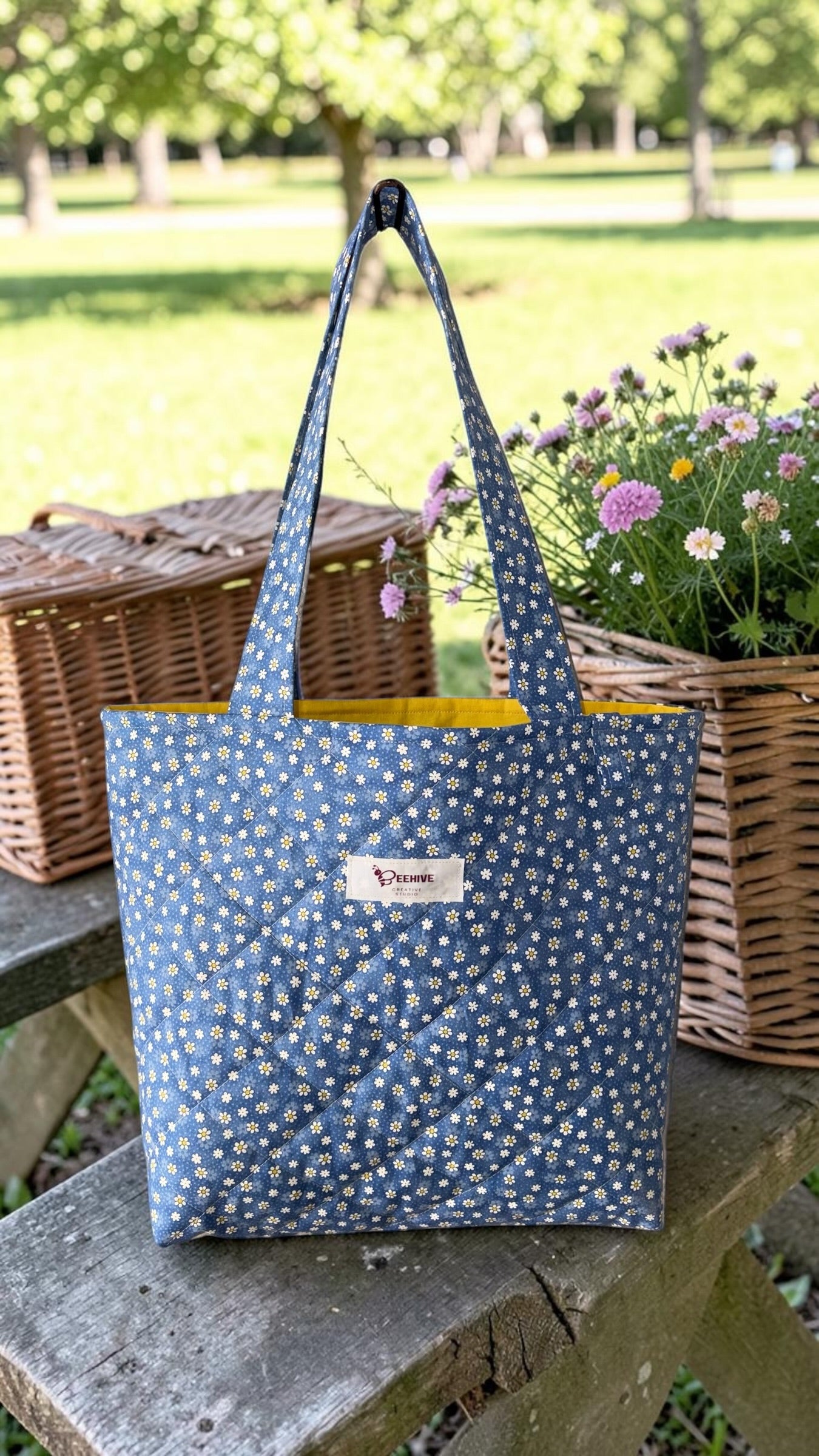 Daisy Blue Quilted Tote Bag