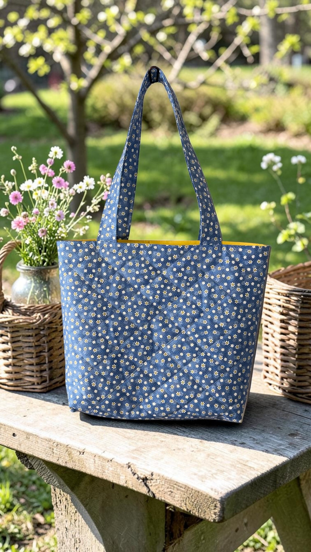 Daisy Blue Quilted Tote Bag
