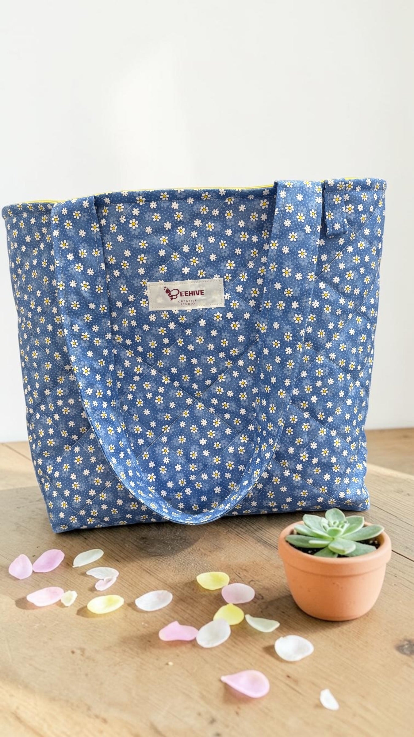 Daisy Blue Quilted Tote Bag